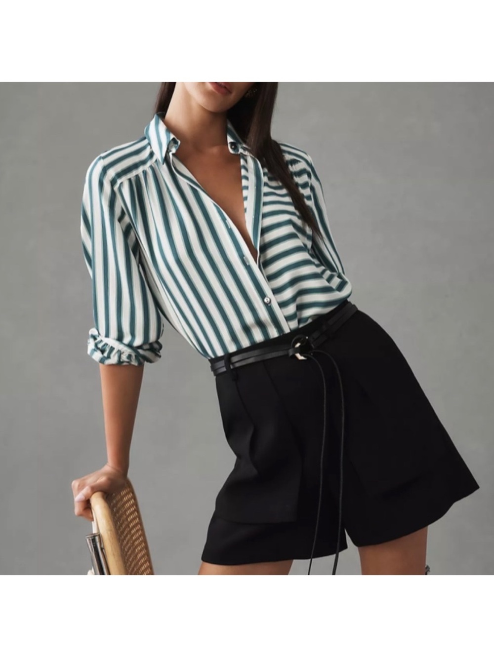 Anthropologie Maeve Green and White Button-Up Blouse